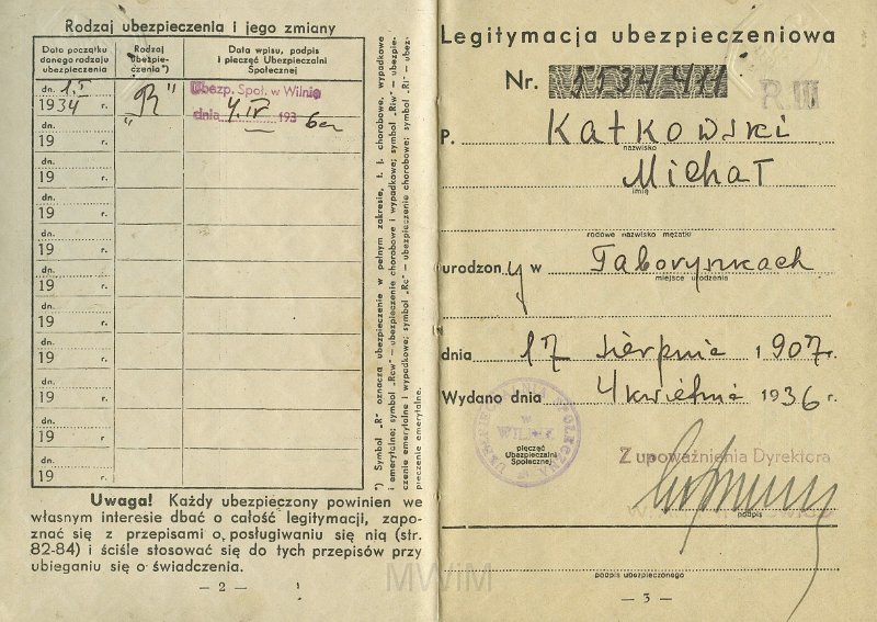 KKE 5431-3.jpg - Dok. Legitymacja ubezpieczeniowa. Legitymacja wydana przez Ubezpieczenia Społeczne w Wilnie dla Michała Katkowskiego (ur. w Taboryszkach), Wilno, 4 IV 1936 r.